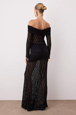 Siyah Bal?k Form Carmen Yaka Dantel Orme S?k Maxi Abiye Gece Mezuniyet Elbisesi TPRAW26AE00016 - Trendyolmilla фото 4