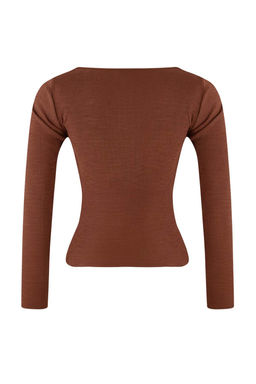 Kahverengi-Gri Melanj 2li Paket V Yaka Fitted/Vucuda Oturan Pamuklu Esnek Orme Bluz TWOAW24BZ00068