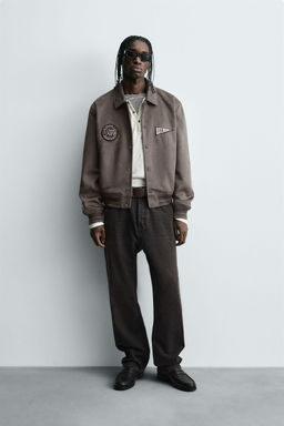 FAUX SUEDE JACKET WITH PATCH AND EMBROIDERY DETAIL