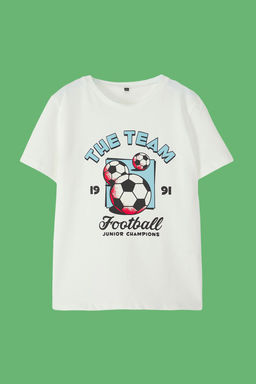 Ekru Erkek Cocuk Pamuklu Futbol Bask?l? K?sa Kol Orme T-Shirt TKDSS25TS00084