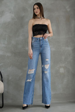 Mavi Y?rt?k Detayl? Pacas? Kesikli Yuksek Bel Duz Kesim Straight Jeans TWOSS25JE00138