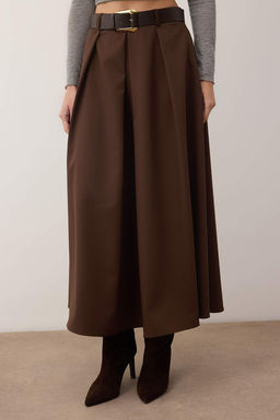 Koyu Kahverengi Kemerli Can/A-Line Dokuma Uzun Maxi Etek TWOAW26ET00168 - Trendyolmilla фото 3