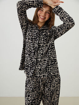 G?mlek Yaka Leopar Desenli Kad?n Pijama Tak?m?