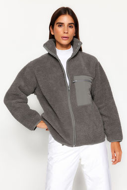 Winter Essentials Antrasit Kal?n Polar Fermuarl? Dik Yaka Cepli Orme Sweatshirt TWOAW24SW00071