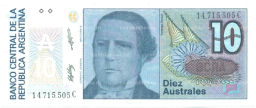 Банкнота 10 аустралей 1987-1989 года Аргентина