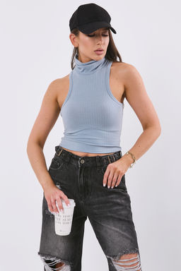 Топ из трикотажа с воротником стойка cеро-голубой