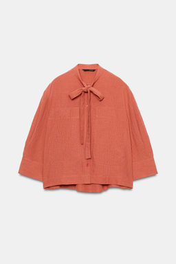 CAMISA LAZADA CON LINO ZW COLLECTION / Naranja quemado - Zara фото 5