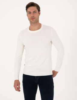 Ekru Slim Fit Bisiklet Yaka Basic Triko Kazak