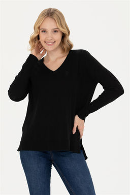 Женский черный базовый свитер с v-образным вырезом Неожиданная скидка в корзине