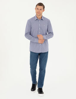 Темно-синяя рубашка узкого кроя из хлопка в полоску - Cacharel фото 4