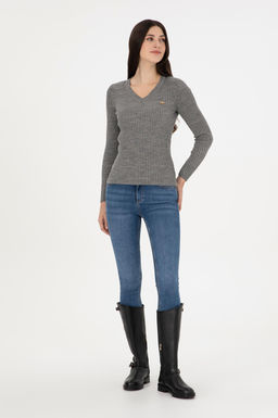 Женский серый меланжевый свитер с v-образным вырезом серебристого цвета Неожиданная скидка в корзине - U.s. polo assn фото 4