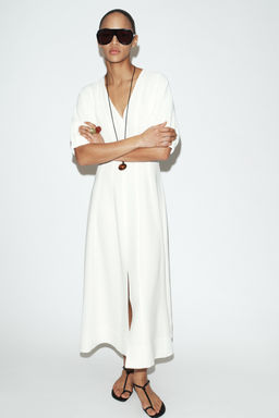 VESTIDO MIDI MANGA ABULLONADA / Blanco roto