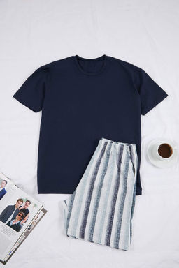 Indigo Regular Kesim Cizgili Pamuklu Orme Pijama Tak?m? TMNSS26PT00032