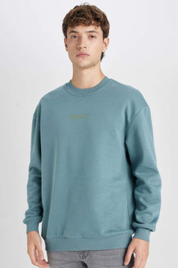 Boxy Fit Bisiklet Yaka Bask?l? Sweatshirt - Defacto фото 3