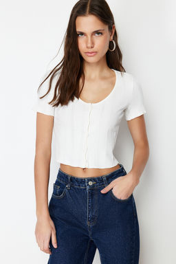 Ekru Patl? Crop Havuz Yaka Fitilli Esnek Orme Bluz TWOSS24BZ00364