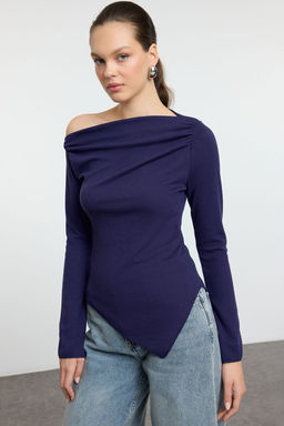 Trendyolmilla Siyah Drapeli Kay?k Yaka Asimetrik Esnek Uzun Kol Orme Bluz TWOAW24BZ00393  фото 2