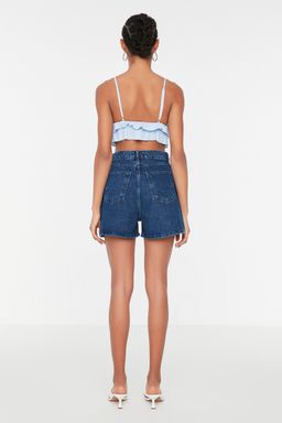 TRENDYOLMILLA Mavi More Sustainable Pileli Yuksek Bel Denim Sort TWOSS20SR0129 фото 19