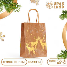 Цена за 4 шт. Пакет подарочный новогодний, крафт с золотым тиснением, круглая ручка, Новый год 15?21?8 см, 120 г