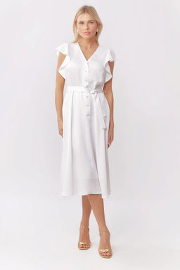 Платье отрезное по талии с рукавами-крылышками и струящейся юбкой из легкого тенселя в белом цвете - Serginnetti фото 2