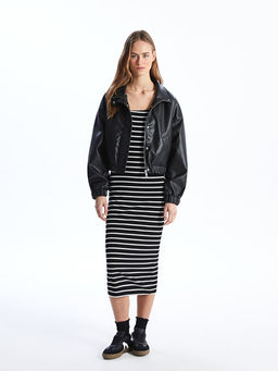 Dik Yaka Oversize Kad?n Bomber Deri G?r?n?ml? Mont