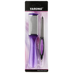 Педикюрный набор 2 предмета: пилка металлическая с триммером; терка двусторонняя: наждачная, металлическая, цвета в ассортименте: розовый, голубой, фиолетовый, в блистере (Китай) - Домашняя мода фото 3