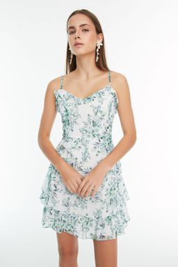 TRENDYOLMILLA Mint Cicek Desenli A Kesim Mini Astarl? Volanl? Dokuma Elbise TWOSS20EL1267