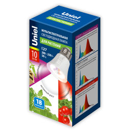 LED-A60-10W/SPM3/E27/CL PLP35WH MULTIPLANT Лампа светодиодная для растений. Форма "A", прозрачная. Три спектра для проращивания, роста и цветения. Картон. ТМ Uniel