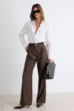 A__k Kahverengi Wide Leg/Geni_ Pa_a Palazzo Pilili Dokuma Kuma_ Pantolon TWOAW22PL0475