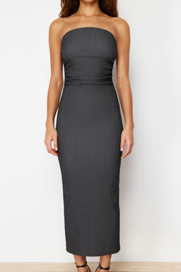 TRENDYOLMILLA Antrasit Straplez Buzgulu Vucuda Oturan Midi Esnek Orme Kalem Elbise TWOSS24EL00287 фото 12