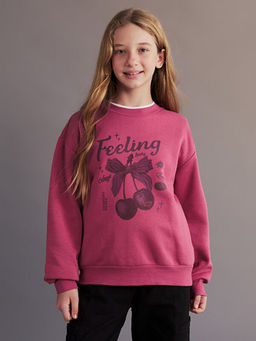 Bisiklet Yaka Kiraz Bask?l? K?z ?ocuk Sweatshirt