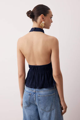 Lacivert Yar?m Astarl? Halter Yaka Dokulu Party Bluz TPRAW26BZ00005