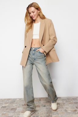 Camel Oversize Duz Kesim Basic Kruvaze Dokuma Blazer Ceket TWOSS24BC00028