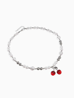 Кулон на жемчужных бусах "Вишня", цвет белый в серебре