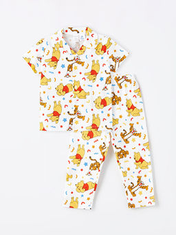 Polo Yaka K?sa Kollu Winnie the Pooh Bask?l? Erkek Bebek Pijama Tak?m?