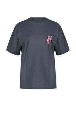 Antrasit On ve Arka Bask?l? Oversize/Genis Kal?p Bisiklet Yaka Orme T-Shirt TWOSS24TS00119