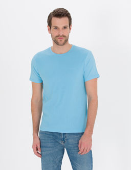 A__k Mavi Slim Fit Dokulu Bisiklet Yaka Ti__rt