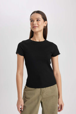 Базовая футболка с короткими рукавами и приталенным вырезом в рубчик на бретельках - Defacto фото 3