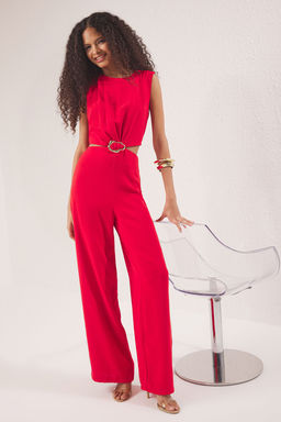 K?rm?z? Cut Out/Pencere ve Toka Detayl? Genis Paca Dokuma Krep Tulum TWOSS25TU00065