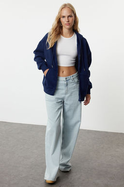 Koyu Lacivert Oversize/Rahat Kesim Fermuarl? Kal?n Ici Polarl? Orme Sweatshirt TWOAW24SW00188