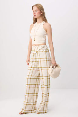 Bej Keten Kar___ml_ Ekoseli Beli _all_ Pantolon TWOSS26PL00241 - Trendyolmilla фото 2