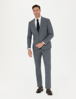 Koyu Mavi Slim Fit _izgili Tak_m Elbise