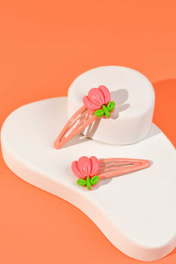 Набор заколок для волос клик-клак, глянцевые, арт. 71734 / 10 ЦВЕТОЧКИ (в наборе: 2шт., 5,3 см, черный металл, полиэфирная смола, цвет: коралловый, подложка из мелованного картона + ПЭТ-пакет с европодвесом)