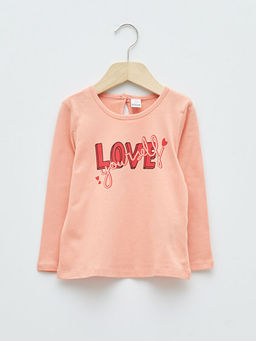 Bisiklet Yaka Uzun Kol Bask?l? Pamuklu K?z Bebek Ti??rt