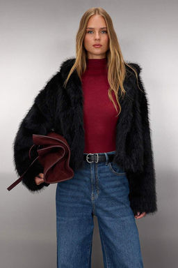 Siyah Oversize Kal?p Kapusonlu Kurk Mont TWOAW26MO00025
