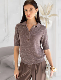 Джемпер поло с застежкой на пуговицы из хлопковой пряжи с пайетками