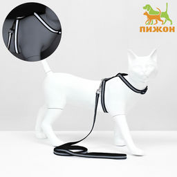 Комплект для кошек светоотражающий,ширина 1 см,шлейка 21-35 см,поводок 120 см, чёрный