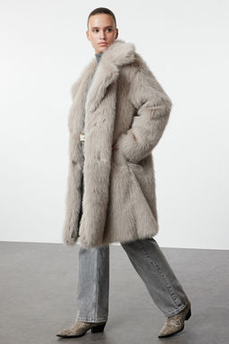 Vizon Oversize Kal?p Uzun Kurk Kaban TWOAW25KB00053 - Trendyolmilla фото 8
