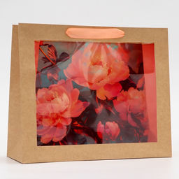 Пакет подарочный с PVC окном, Пионы, 31?11?26 см
