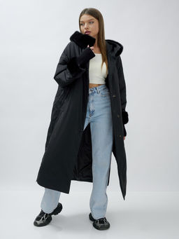 Пальто зимнее женское с норкой большого размера черного цвета 25008Ch - Mtforce фото 12