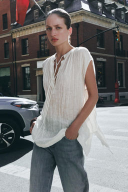 ZW COLLECTION LINEN BLOUSE WITH TIED DETAILS - Zara фото 5